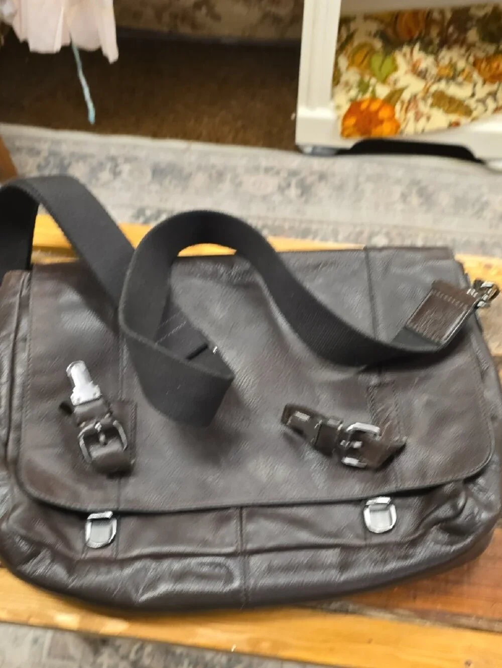 Fossil Dark Brown Leather Messenger Bag with Buckle Straps